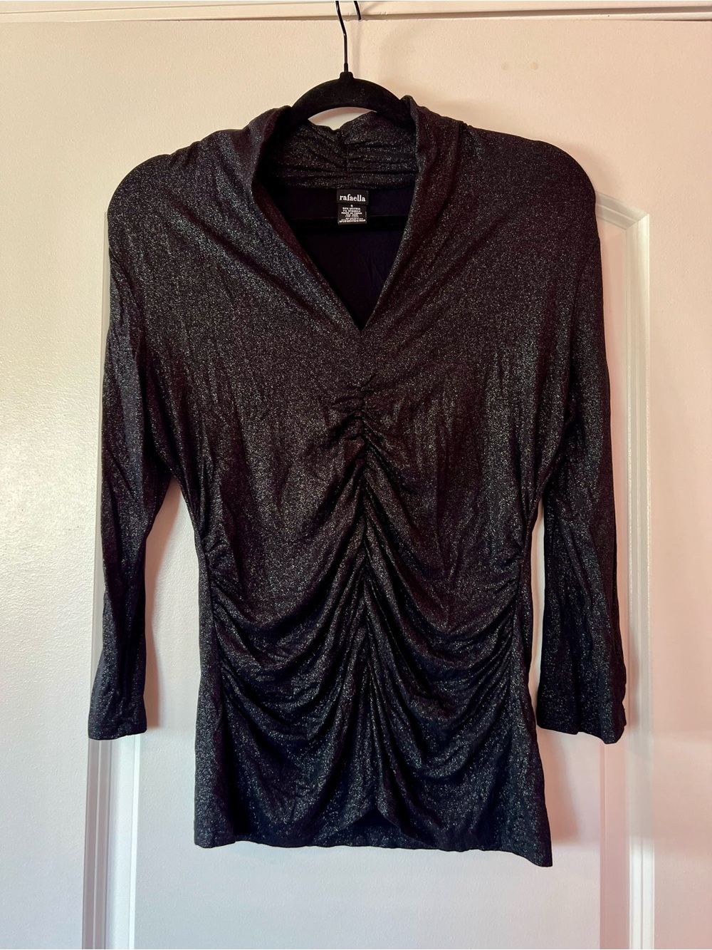 Rafaella Black Shimmer Ruched V-Neck Long Sleeve Tee